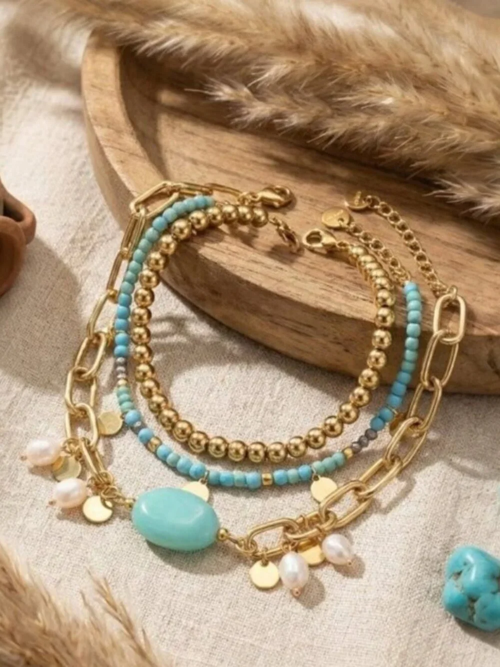 18k Gold Plated 316L SS Blue Jade and Freshwater Pearl Stackable Bracelet Set